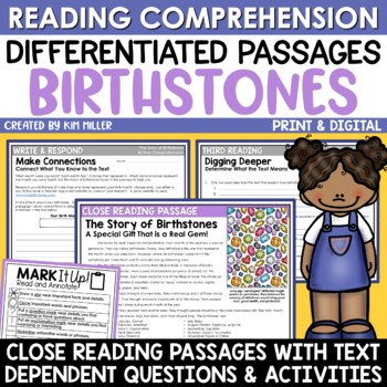 Preview of Birthstones Reading Comprehension Passages and Questions Leveled Close Reading