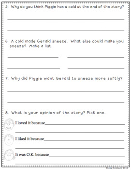 Differentiated Comprehension Questions Elephant Piggie Pigs Make Me Sneeze