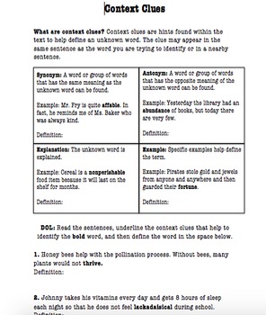 Preview of Differentiated Context Clues Handout/Lesson
