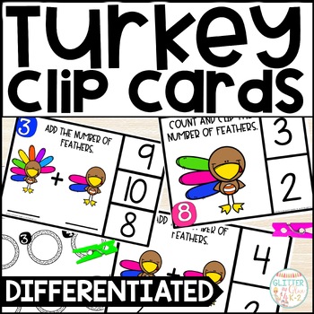 Preview of Differentiated Counting & Addition Clip Cards- Thanksgiving Turkey - Math Center