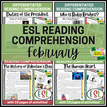 Preview of Differentiated ESL Reading Comprehension Passages & Activities | February