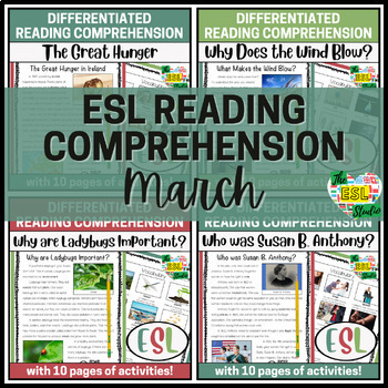 Preview of Differentiated ESL Reading Comprehension Passages & Activities | March