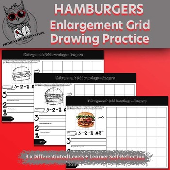 Preview of Differentiated Enlargement Grid Drawing Skills Worksheets Hamburgers