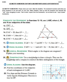 Preview of Differentiated Geometry Homework on lines, line segments and midpoints