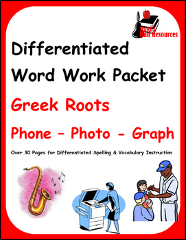 Preview of Differentiated Greek Roots Spelling & Vocab Packet - Phon, Photo and Graph