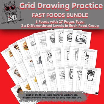 Preview of Differentiated Grid Drawing | 27 Fast Foods Worksheet Bundle | Boost Art Skills