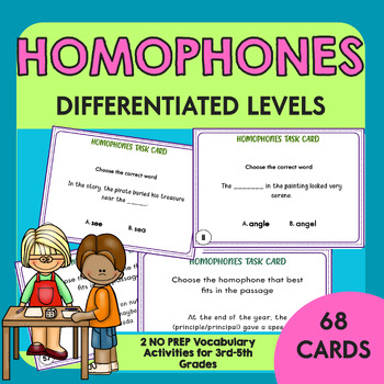 Preview of Differentiated Homophones Task Cards | Vocabulary Practice | Set of 68 CARDS!