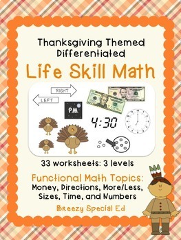 Preview of Differentiated Life Skill Math Pack: Thanksgiving (special education)