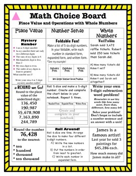 differentiated math choice board place value and operations with whole