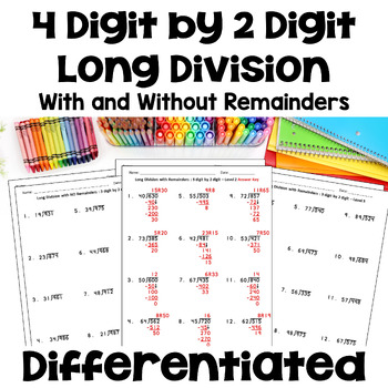 long division worksheets 4 digit by 2 digit differentiated with 3 levels