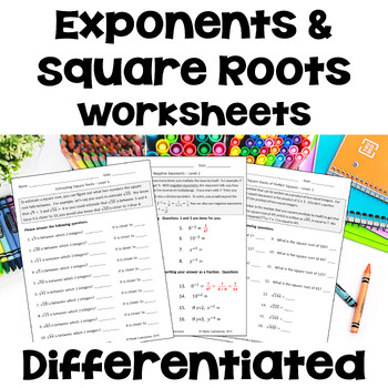 Preview of Exponents and Square Roots Worksheet Bundle - Differentiated