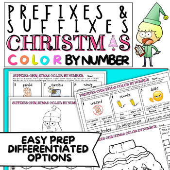 Preview of Differentiated Prefixes and Suffixes Color By Number Activity | Christmas