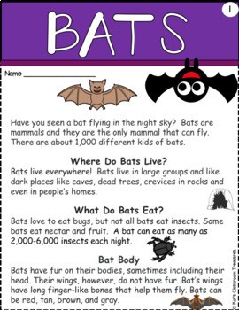 Reading Comprehension Passages : Bats by KOT'S CLASSROOM TREASURES