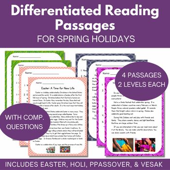 Preview of Differentiated Reading Passages for Spring Holidays - Holi Easter Passover Vesak
