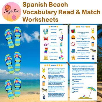 Preview of Differentiated Spanish Beach Vocabulary Read and Match Worksheets