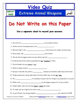 Differentiated Video Worksheet, Quiz & Ans. for NOVA - Extreme Animal  Weapons *