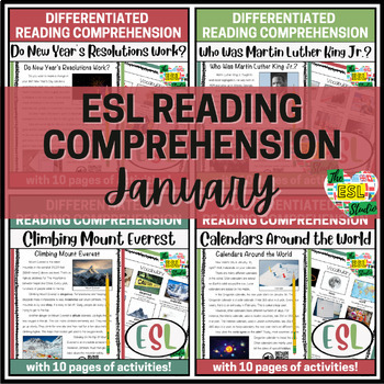 Preview of Differentiated Winter ESL Reading Comprehension Passages & Activities | January