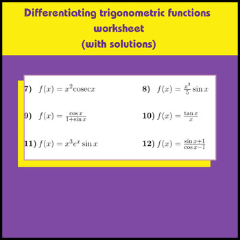 Preview of Differentiating trigonometric functions worksheet (with solutions)