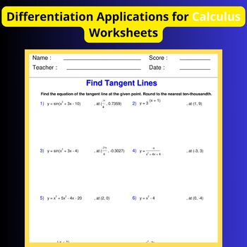 Preview of Differentiation Applications for Calculus Worksheets