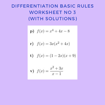 Preview of Differentiation Basic Rules Worksheet No 3 (with solutions)