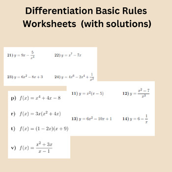 Preview of Differentiation Basic Rules Worksheets (with solutions)