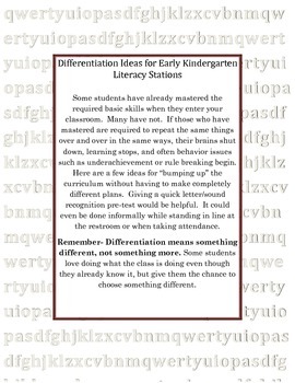 Preview of Differentiation Ideas for Early Kindergarten Literacy Centers