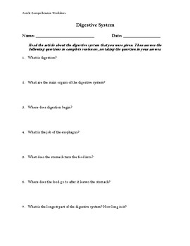 Preview of Digestive System Article (Reading Level 1) Comprehension Worksheet