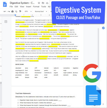 Preview of Digestive System - CLOZE Passage, True/False Activity in Google Docs