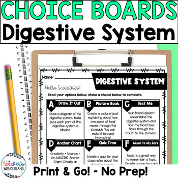 Preview of Digestive System Science Menus - Choice Boards and Activities- 4th - 5th Grade
