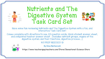 Preview of Digestive System and Nutrients Vocabulary Task Cards NO PREP & FULLY EDITABLE