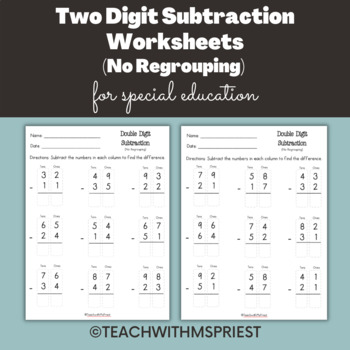 Preview of Digit Subtraction Worksheets (No Regrouping) 