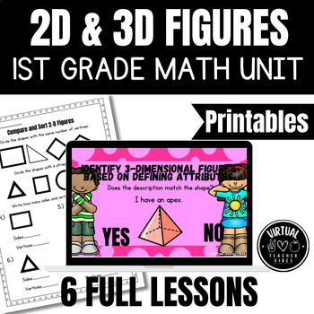 Preview of Digital 2D & 3D Shapes 1st Grade Unit with Printables and Assessments in Google