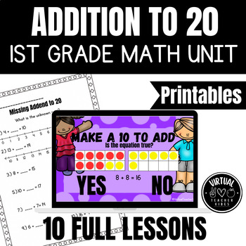 Preview of No Prep Digital Addition to 20 Math Unit & Printables- Assessments for 1st Grade