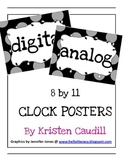Digital Analog Clock Classroom Posters in Gray and Black for Math