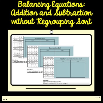 Preview of Digital Balancing Equations Addition and Subtraction WITHOUT Regrouping Sort