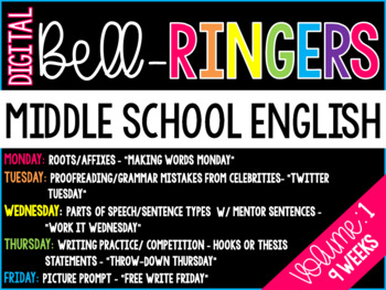 Preview of Digital Bell-Ringers English Middle School Warm ups Vol. 1 - 6th, 7th, 8th grade