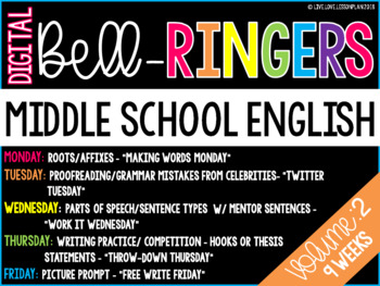 Preview of Digital Bell-Ringers English Middle School Warm ups Vol. 2 - 6th, 7th, 8th Grade