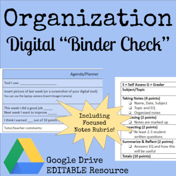 Preview of Digital "Binder Check" WITH Focused Notes Rubric