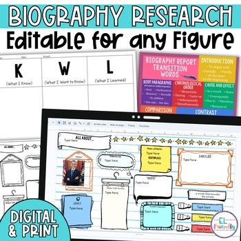 Preview of Digital & Printable Biography Research Project Graphic Organizers Report Writing
