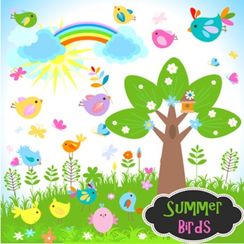 Preview of Bird Clip Art Summer Garden Bird Flower Tree Birdhouse - Colored and  Outlines
