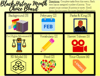Preview of Digital Black History Month Choice Board Menu Project