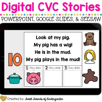 Preview of Digital CVC Kindergarten Reading Stories {Google Slides, SeeSaw, PowerPoint}