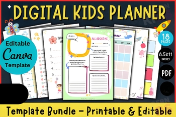 Preview of Digital Calendar, Digital Kids Planner - Canva Template Editable, Back To School