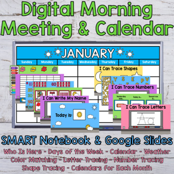 Preview of Digital Calendar and Morning Meeting for Google Slides and SMART Board