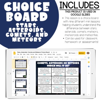 Preview of Digital Choice Board - Stars, Comets, Asteroids, and Meteors - Google Slides