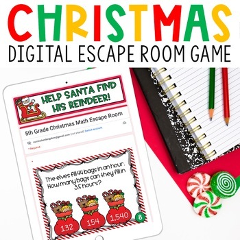 Preview of Digital Christmas Escape Room 5th Grade Math Review for Google Classroom™