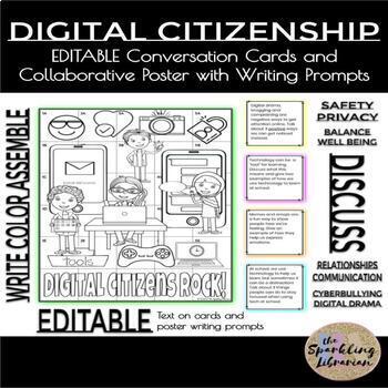 Preview of Digital Citizenship EDITABLE Conversation Cards and Collaborative Poster