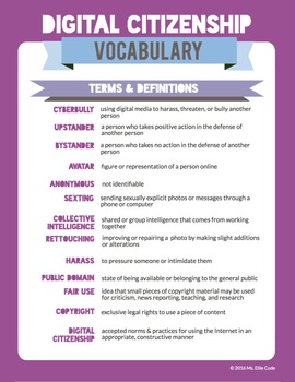 Digital Citizenship Vocabulary Activity Packet by Ms Ellie Tech | TpT