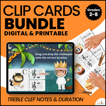 Preview of Clip Cards for Treble Clef Notes and Note Value / Music Games Bundle