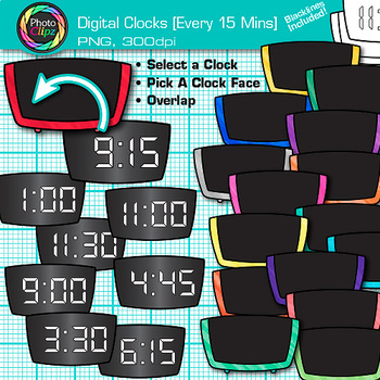Preview of Digital Clock Clipart Every 15 Minutes: 113 School Analog Time Clip Art PNG B&W